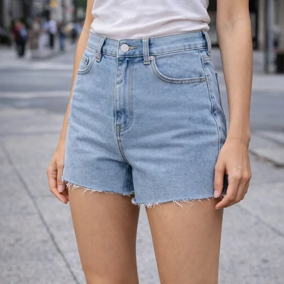REFRAIN LOS ANGELES Sky Blue Denim High-rise Cut-Off Shorts - Picture 4 of 6